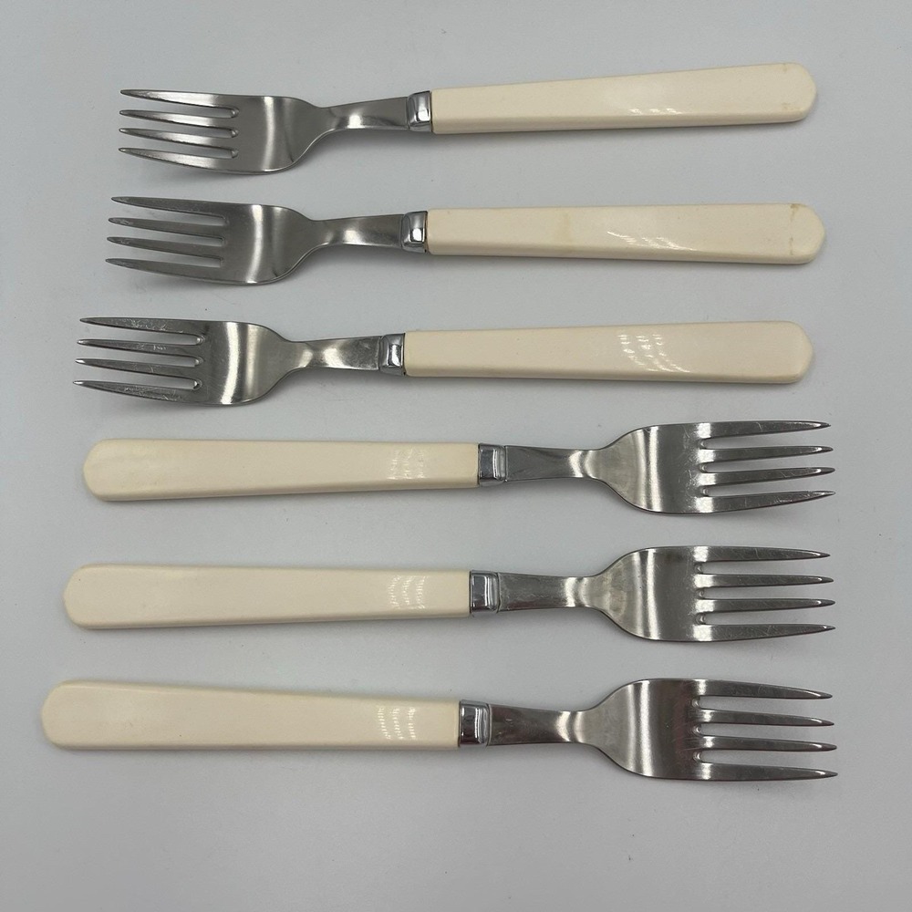 Vintage Billam Sheffield England Stainless Cutlery Set Six Forks White Handles
